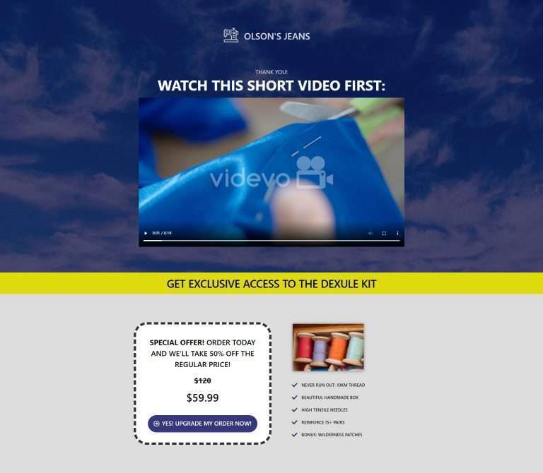 Olson's jeans upsell page showing a short video and cotton reels