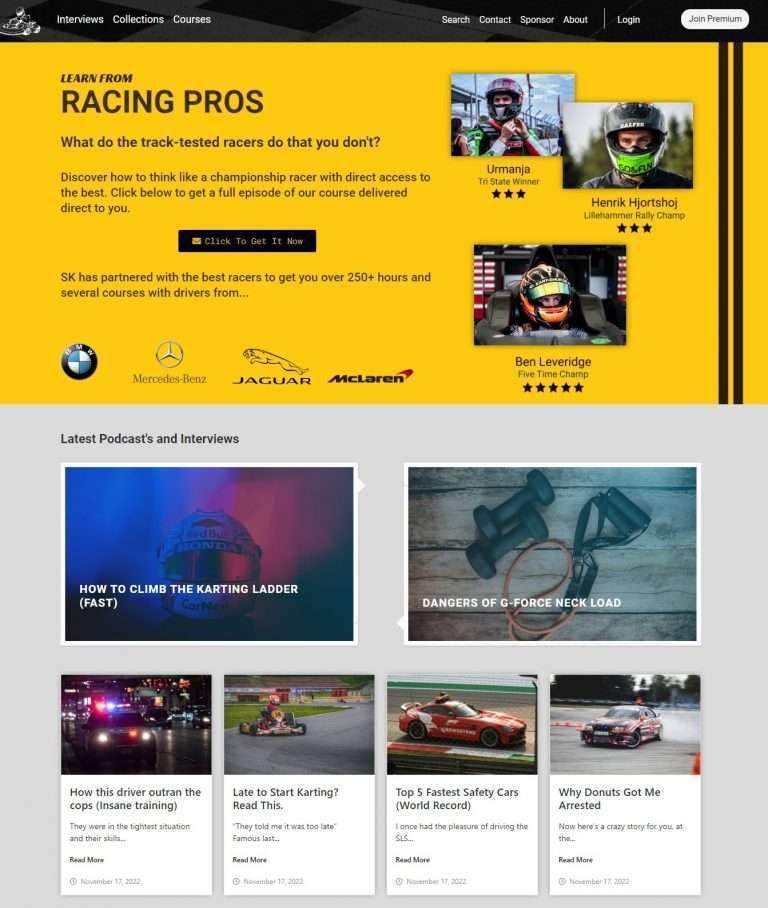 Screenshot of racing funnel homepage