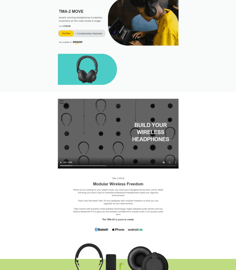 TMA-2 MOVE headphones sales page featuring headphone images