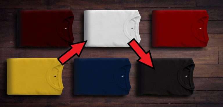 Selection of different coloured tshirts with arrows pointing at them