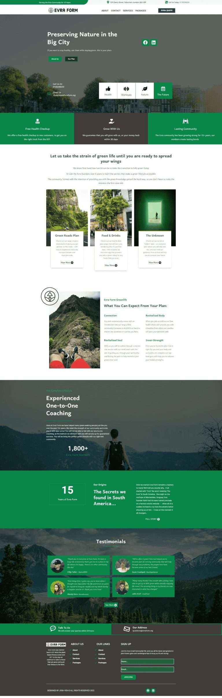 Full spread of the evra form homepage in green, white and grey