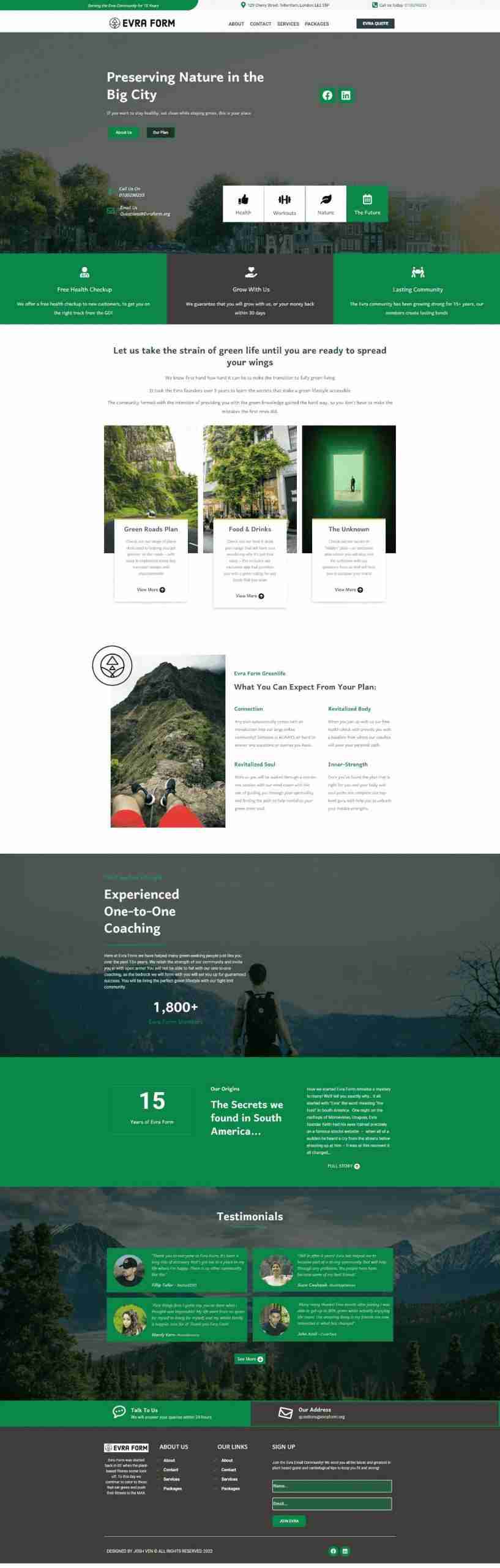 Full spread of the evra form homepage in green, white and grey