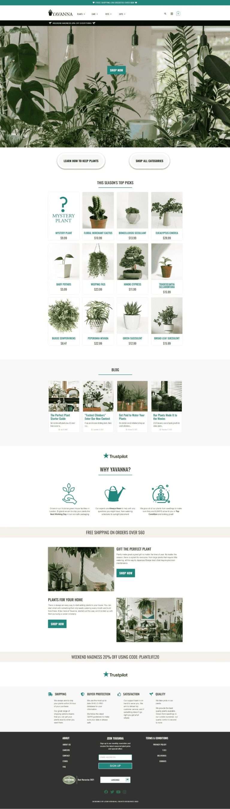 Full spread of the Yavanna ecommerce store homepage