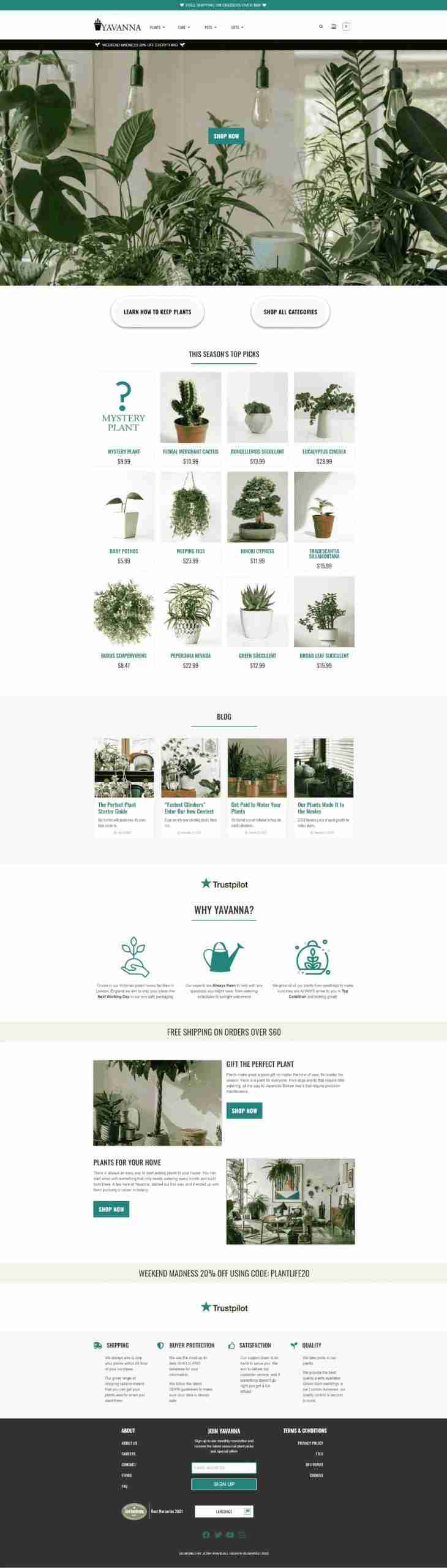 Full spread of the Yavanna ecommerce store homepage