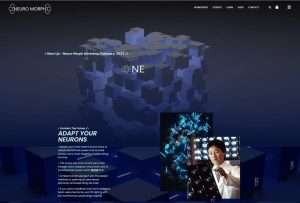 Top hero section of the neuro homepage showing a scientist and a cube background