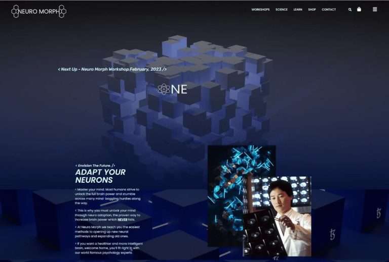 Top hero section of the neuro homepage showing a scientist and a cube background