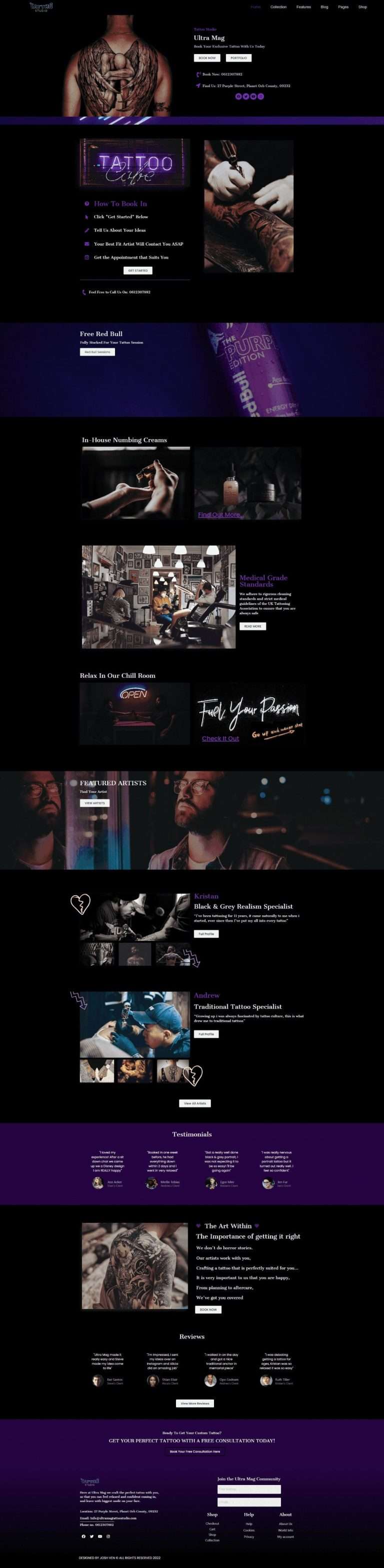 Full spread of the ultra mag homepage in purple, black and neon