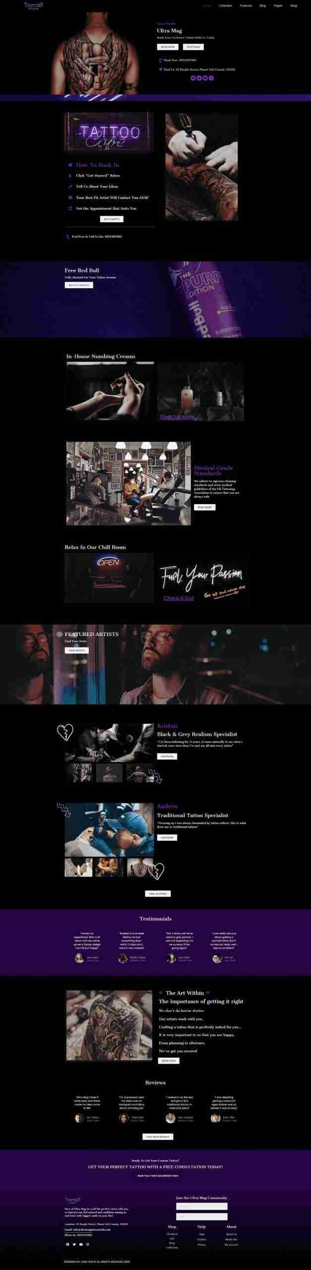 Full spread of the ultra mag homepage in purple, black and neon