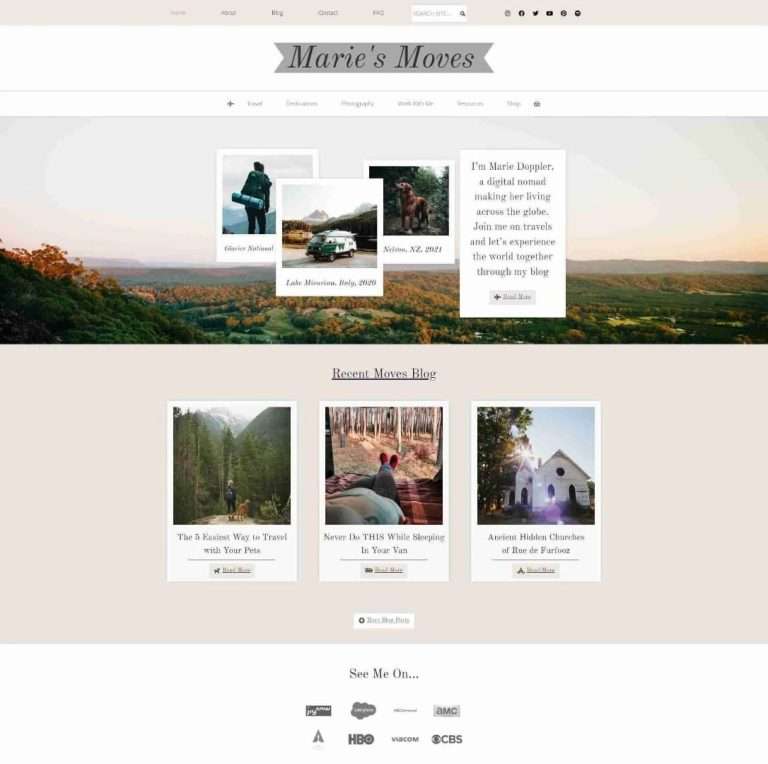 Marie's moves homepage blog showing her latest travels