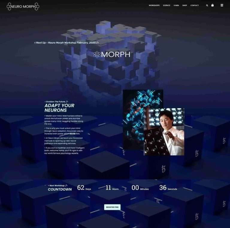 Neuro homepage showing infinite backdrop 'cube' design